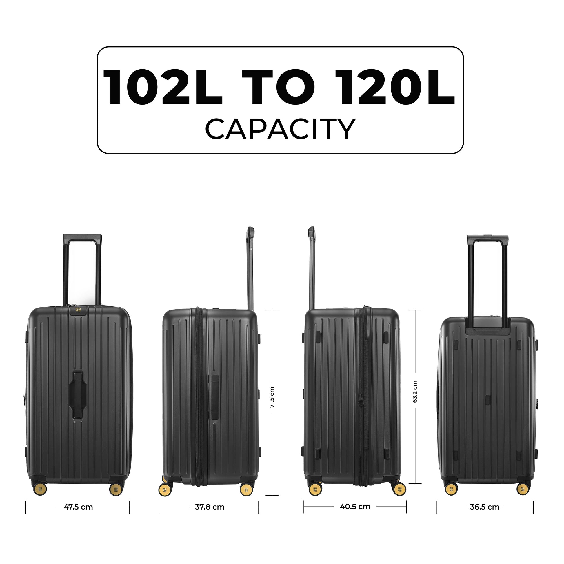 "Trunk Check-In Plus luggage with 102L to 120L capacity dimensions."