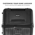 Customizable EUME luggage suitcase with personalized name tag option.