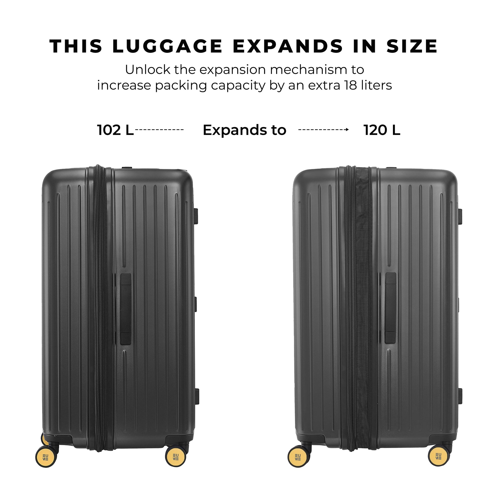 "Trunk Check-In Plus luggage, expandable from 102L to 120L capacity."