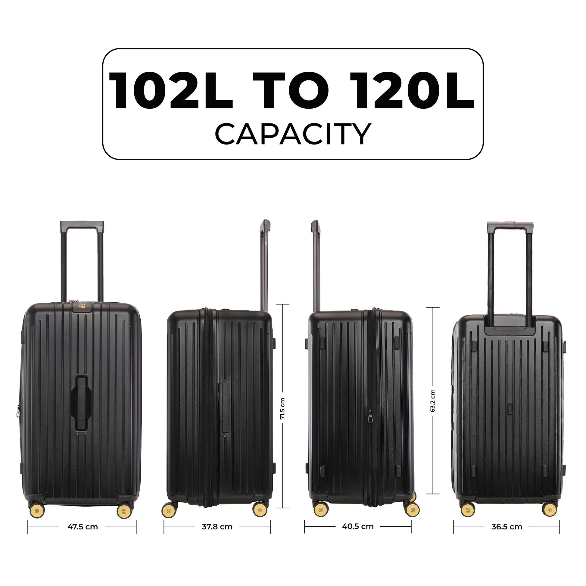 Trunk Check-In Plus luggage with 102L to 120L capacity measurement.