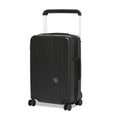 Black cabin suitcase with wheels and retractable handle.