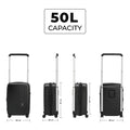 50L capacity black cabin-sized suitcase with dimensions and wheels.