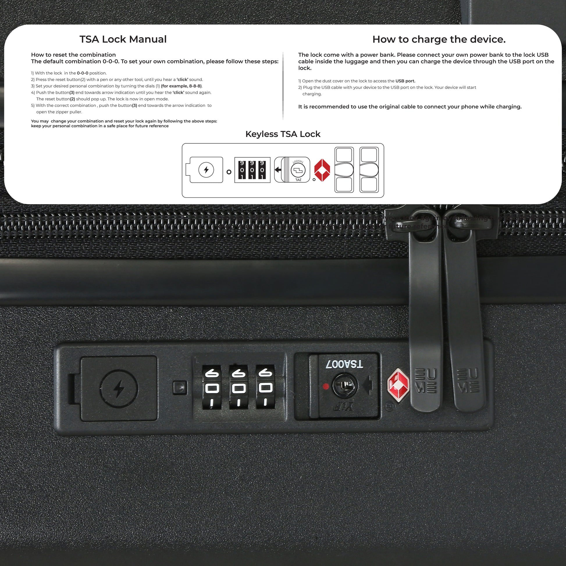 Keyless TSA lock manual and charging instructions for Charter Cabin luggage.