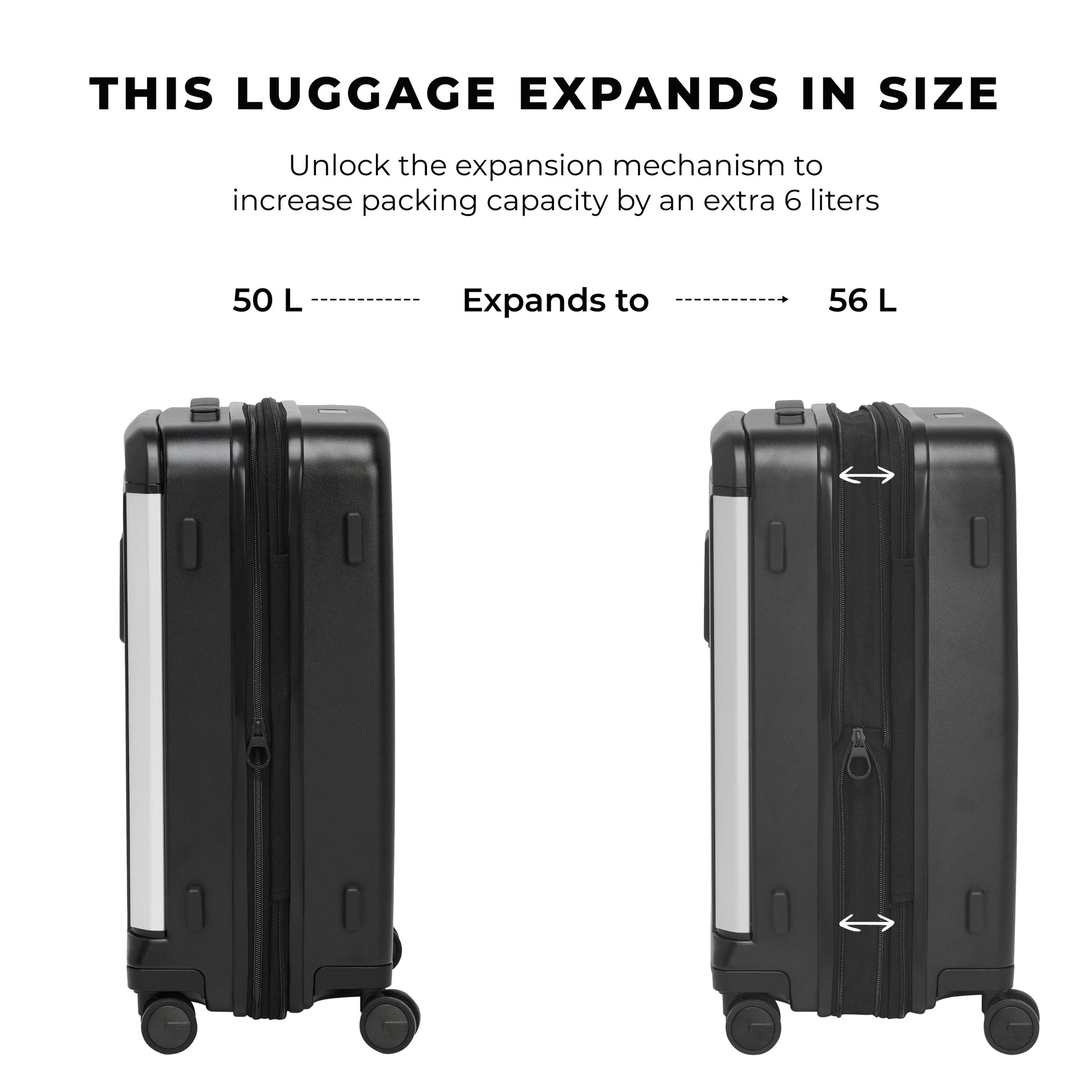 "Charter Cabin expandable luggage demonstrating increased packing capacity."