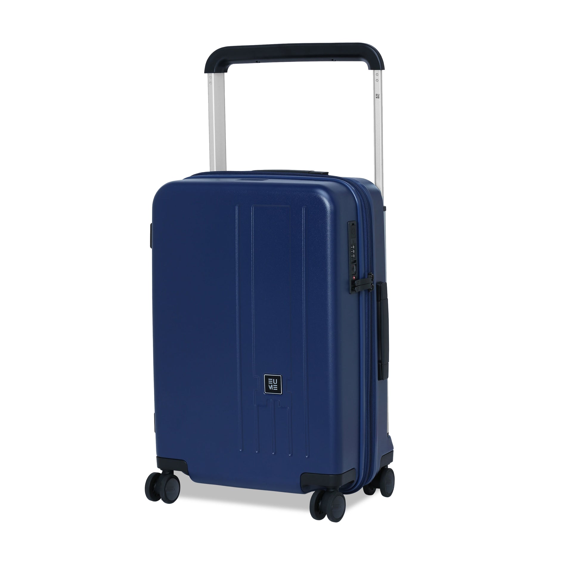 Charter Cabin navy rolling suitcase with smooth wheels and retractable handle.