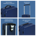 Stylish blue suitcase with sturdy handles and anti-theft zipper.