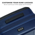 Customizable EUME luggage with zipper and handle features.