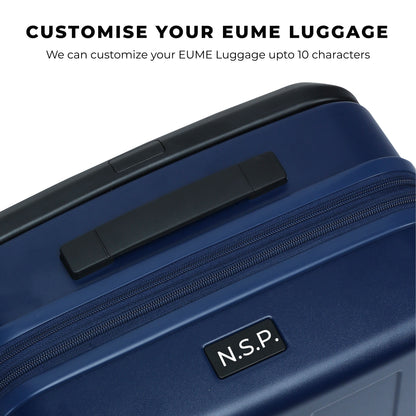 Customizable EUME luggage with zipper and handle features.