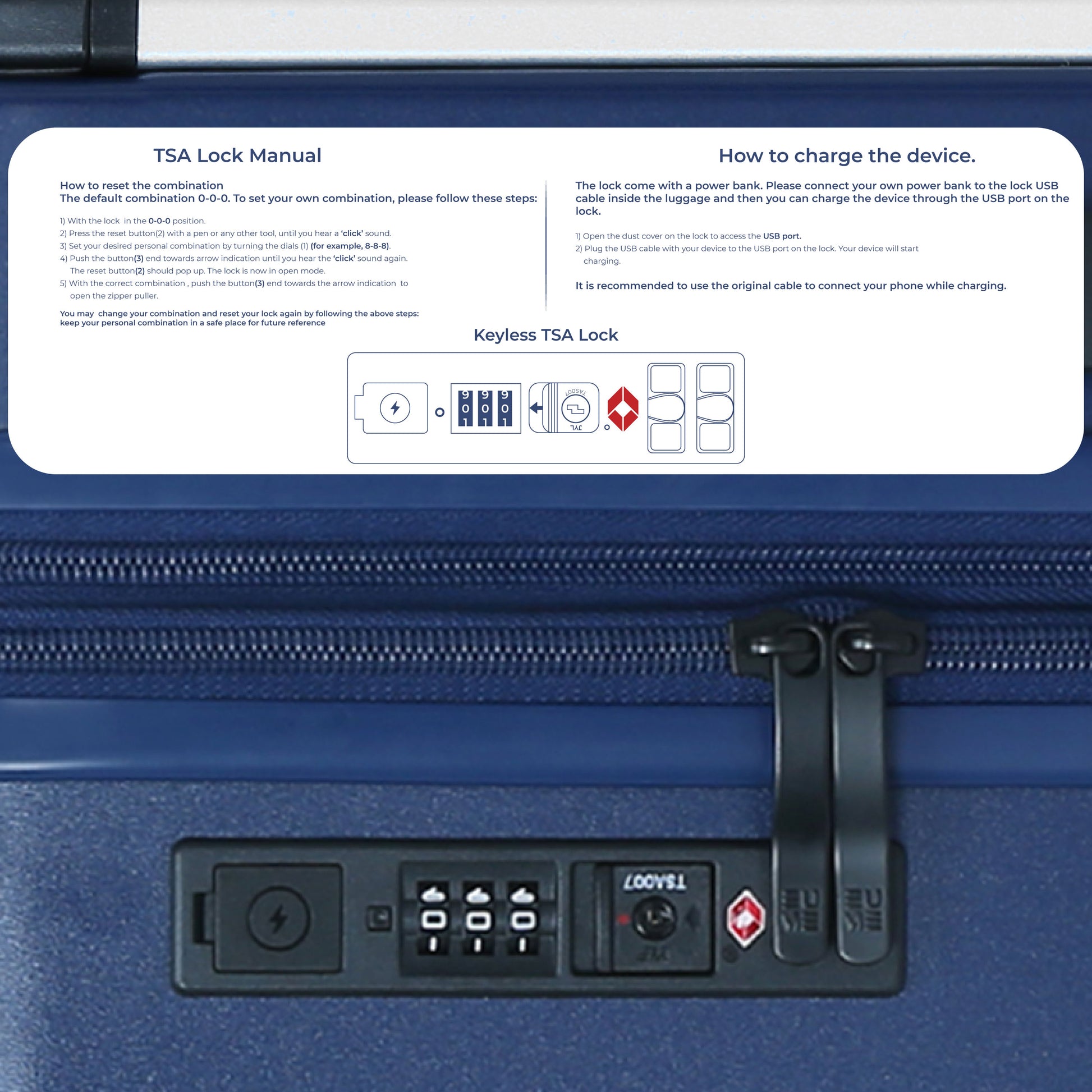 TSA lock manual and USB charging instructions for Charter Cabin luggage.