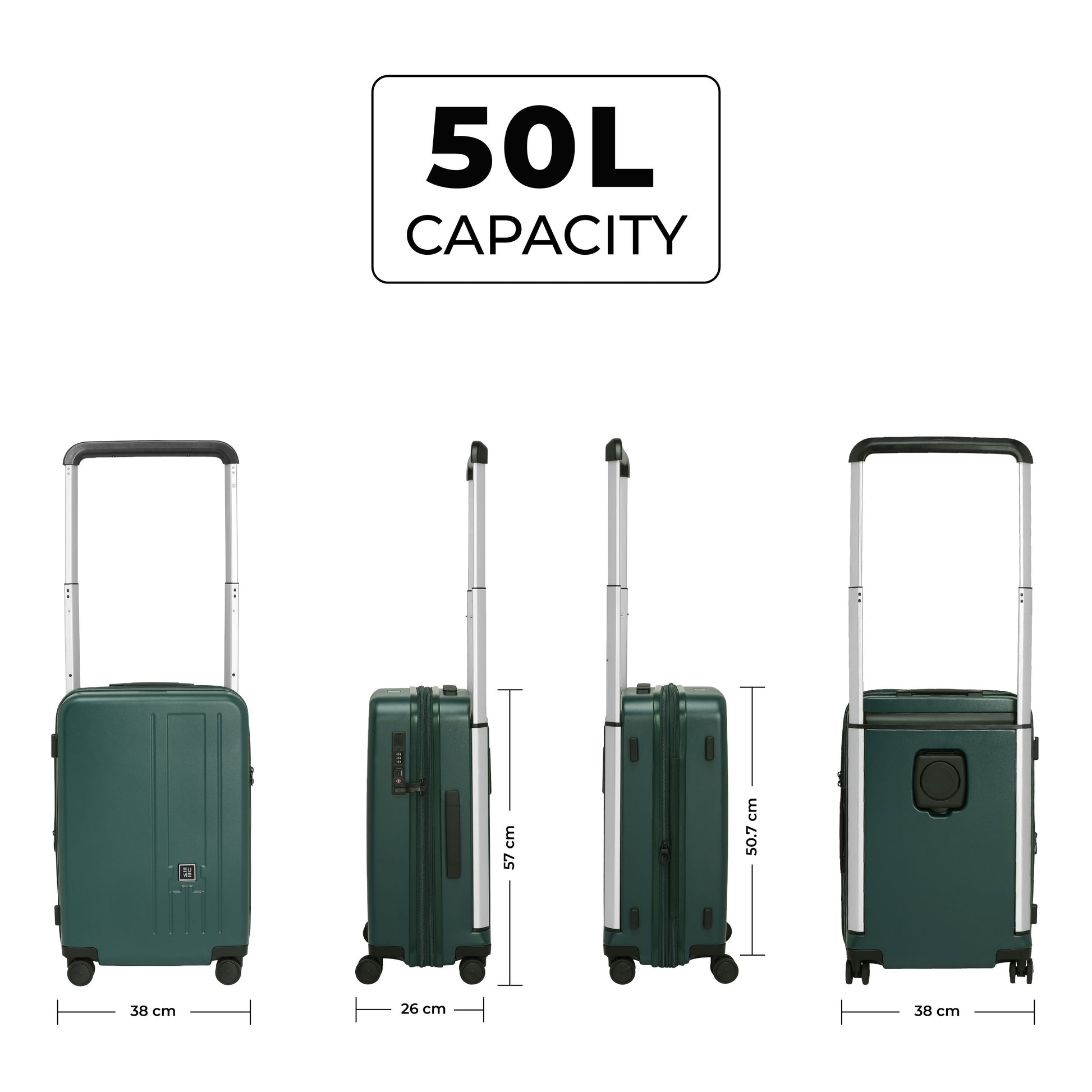 Charter Cabin suitcase with 50L capacity, dimensions, and design.