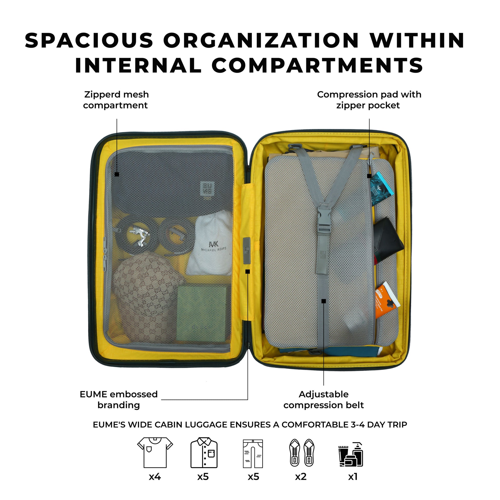 Spacious internal compartments of EUME Charter Cabin luggage for organization.