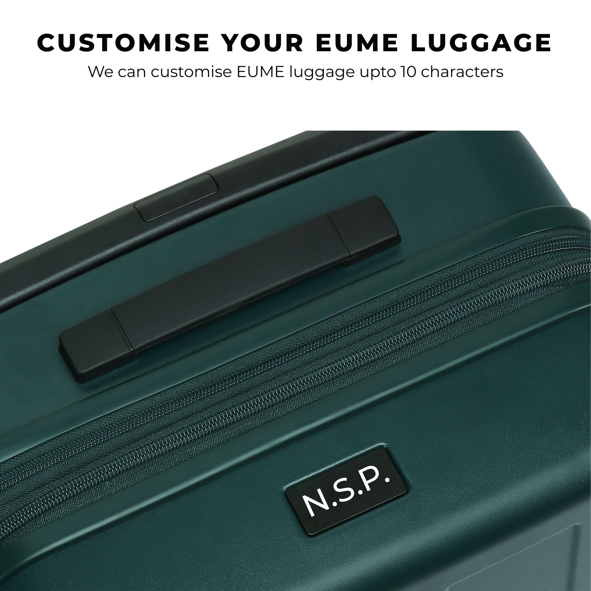 Customizable EUME luggage with black handle and personalized tag.