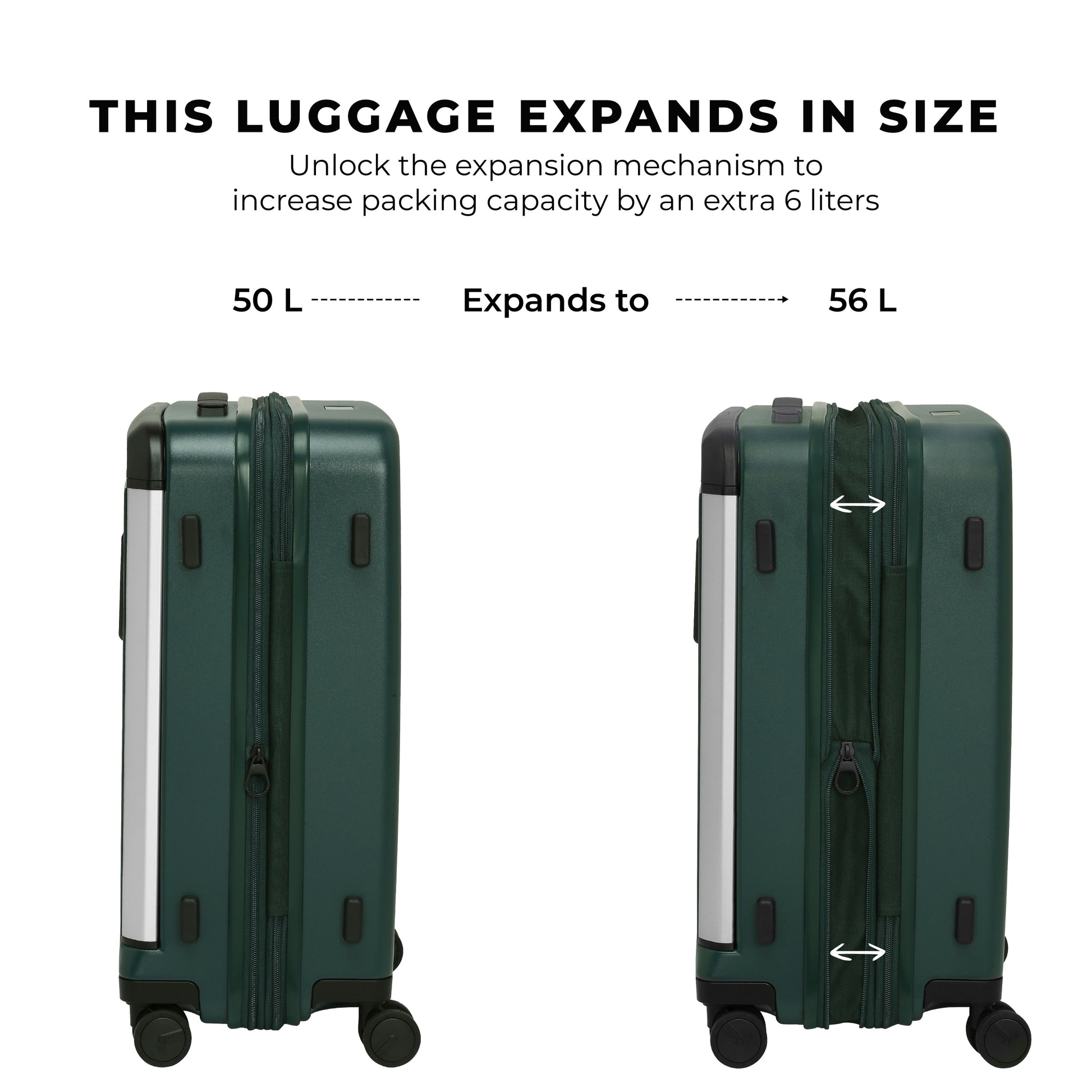 Charter Cabin expandable luggage with 50L to 56L capacity.