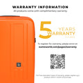 Warranty information for Charter Cabin luggage with orange design.