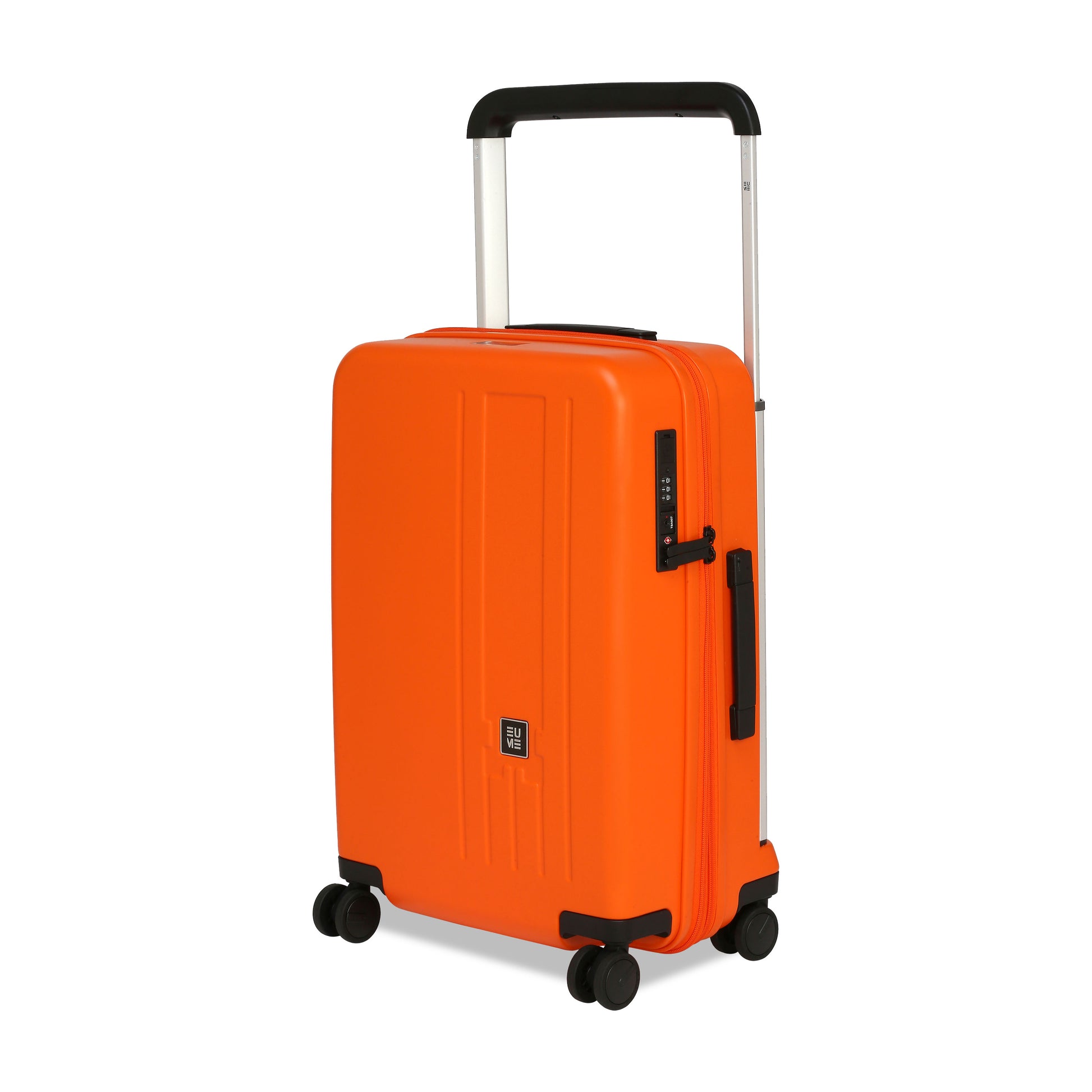 Bright orange charter cabin luggage with wheels and retractable handle.