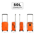 Orange cabin luggage with 50L capacity, dimensions: 38x26x57 cm.