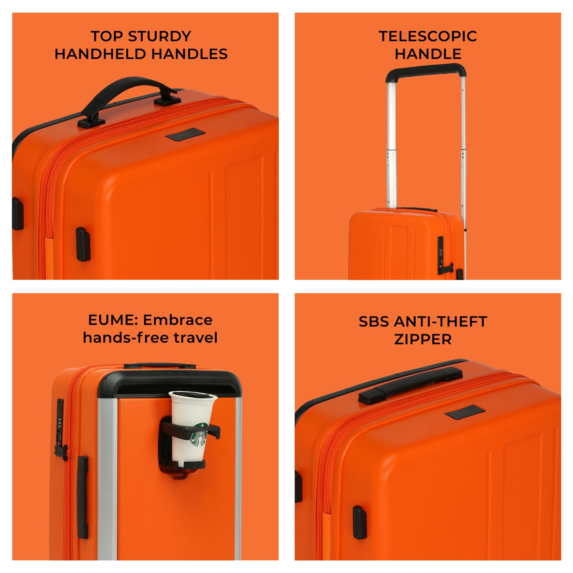 "Charter Cabin orange suitcase with telescopic handle and anti-theft zipper."