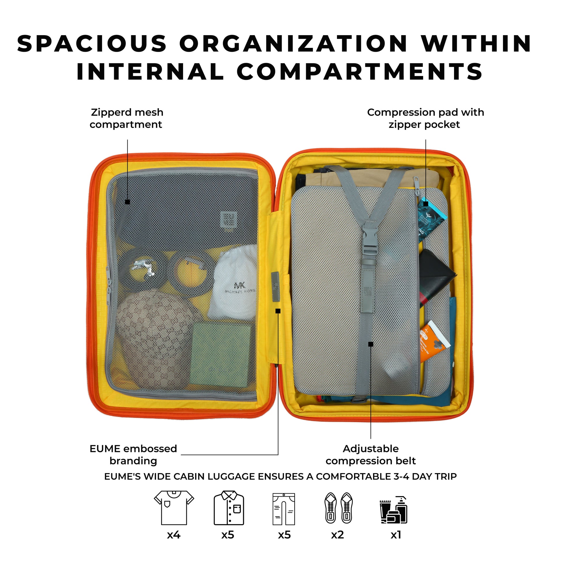 Spacious internal organization of EUME's Charter Cabin luggage.