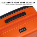 Customizable orange EUME luggage with black handle and zipper.