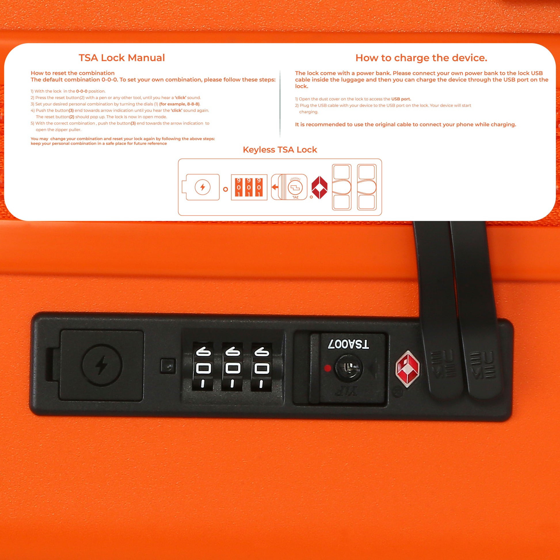 Charter Cabin TSA lock manual and charging instructions for luggage.