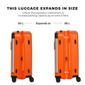 Orange expandable luggage showing packing capacity increase from 50L to 56L.