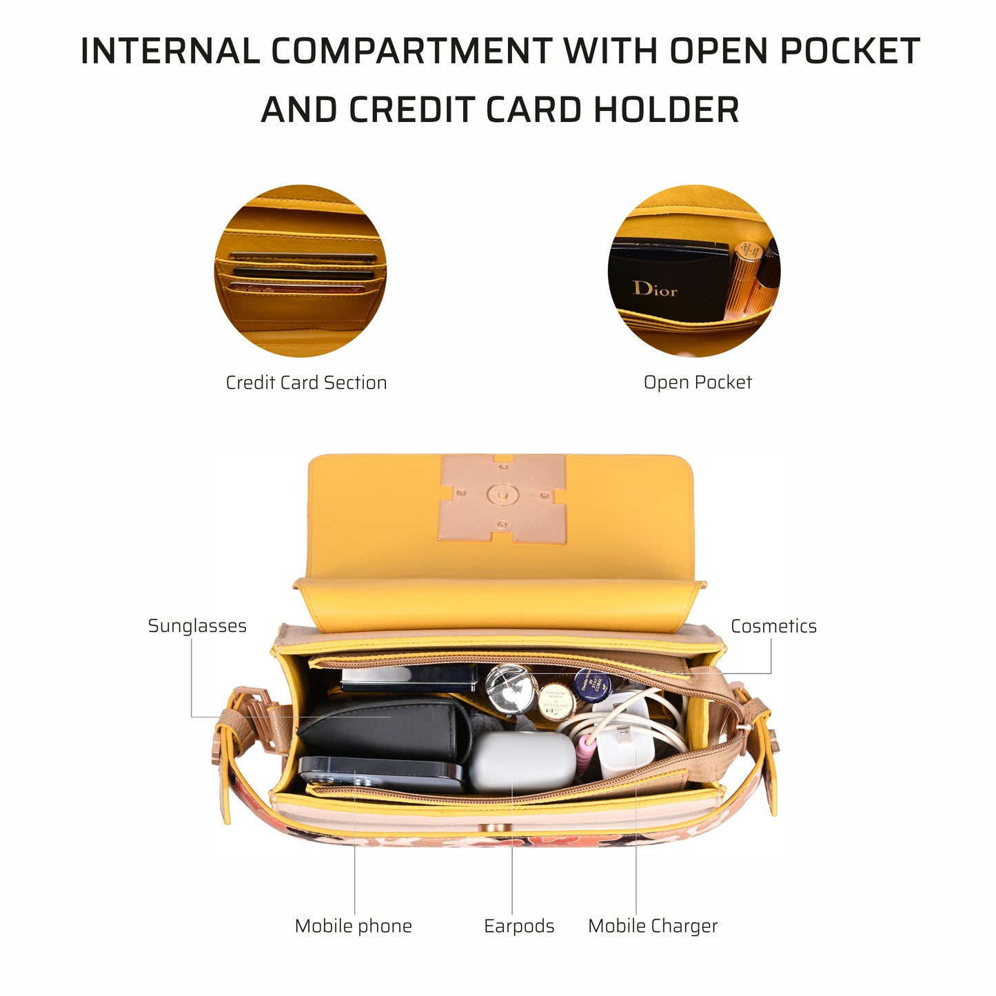 Espresso Satchel Bag showing internal compartment with pockets and accessories.