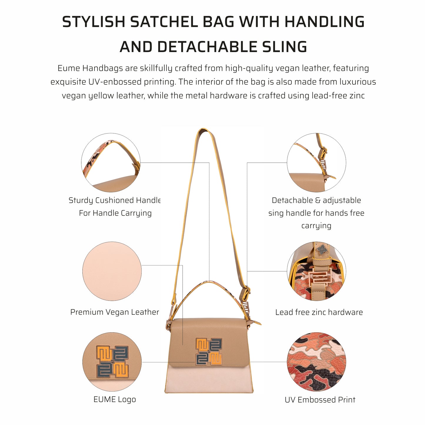 Espresso satchel bag with detachable sling and stylish design.