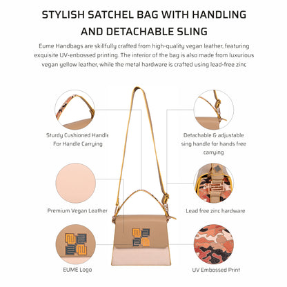 Espresso satchel bag with detachable sling and stylish design.