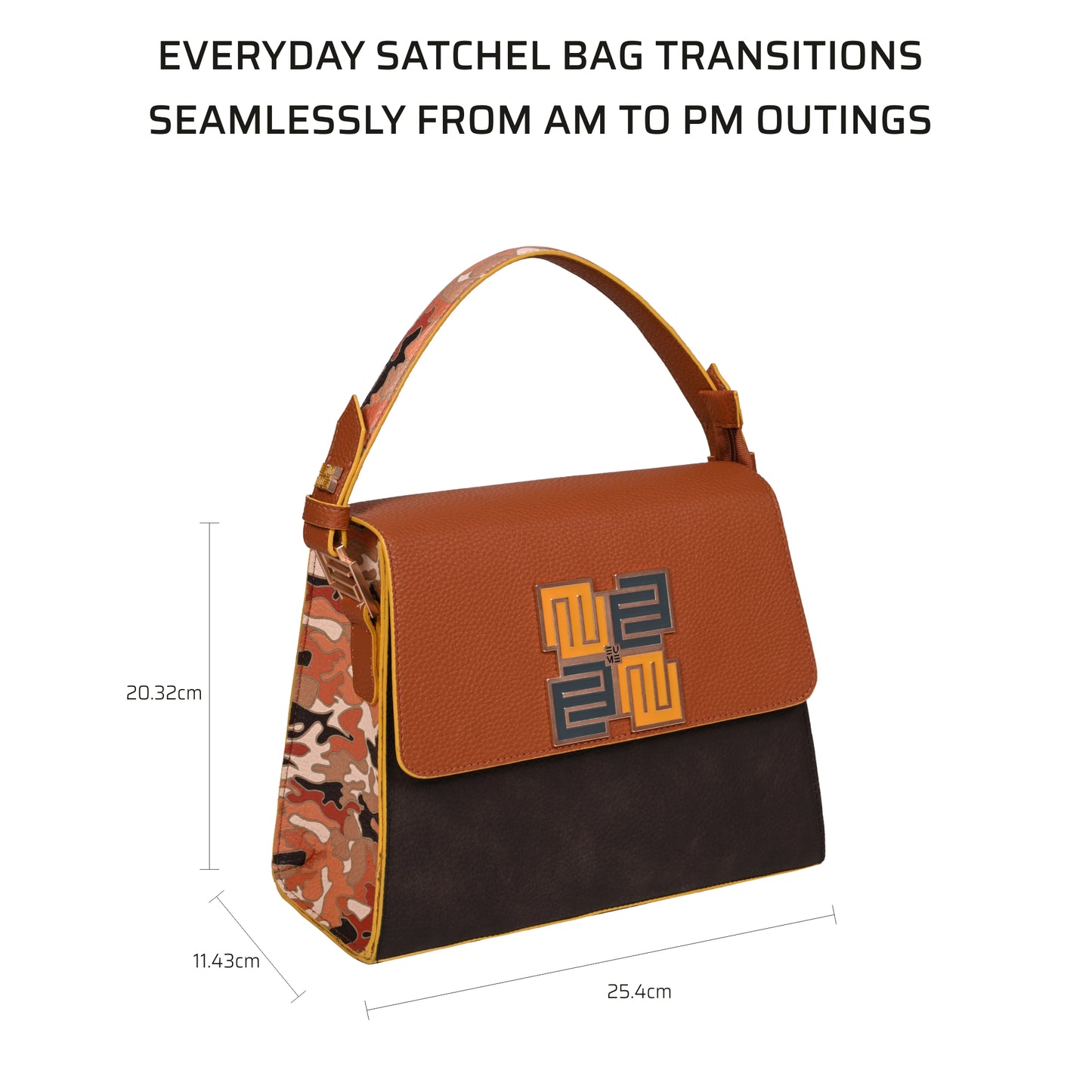 Espresso Satchel Bag with stylish brown and camouflage design.