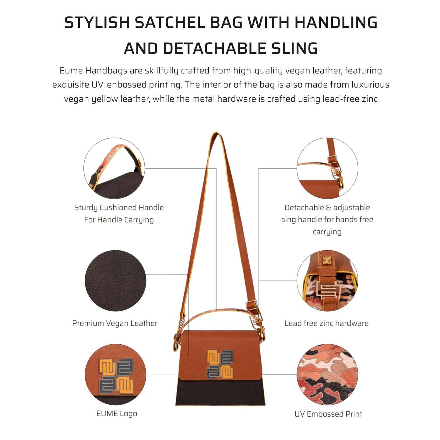 Espresso Satchel Bag with detachable sling and cushioned handle.