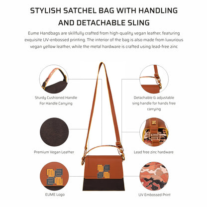 Espresso Satchel Bag with detachable sling and cushioned handle.