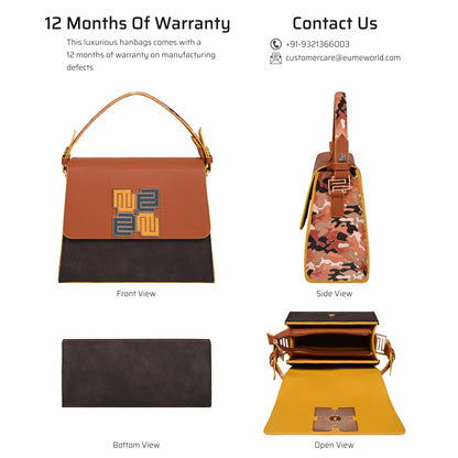 Espresso Satchel Bag showcasing front, side, bottom, and open views.