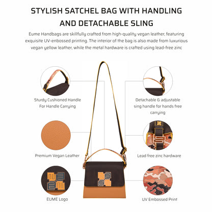 Stylish espresso satchel bag with detachable sling and premium vegan leather.