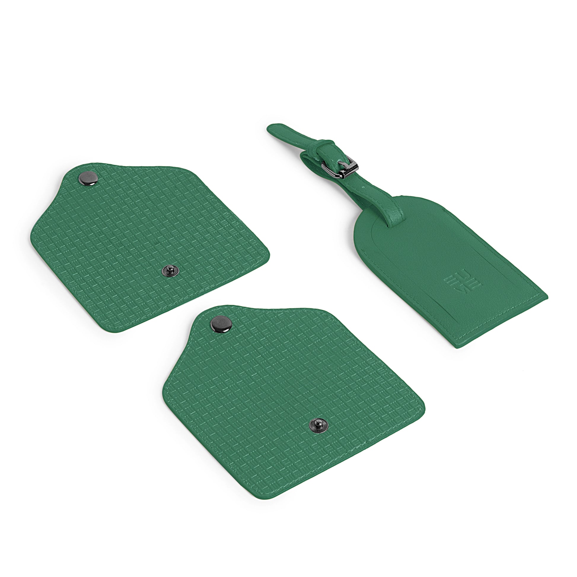 Green accessory kit with luggage tags and identification holders.