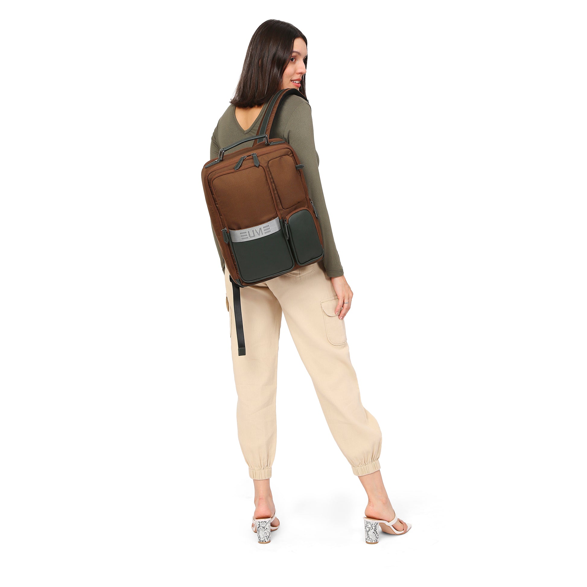 Eclipse 20L Laptop Backpack in stylish brown and green design.