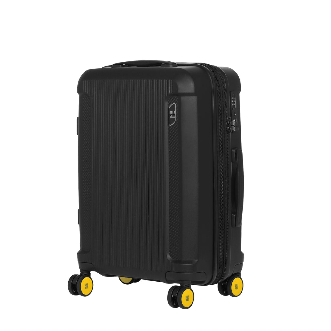 Black carry-on suitcase with yellow wheels and a telescopic handle