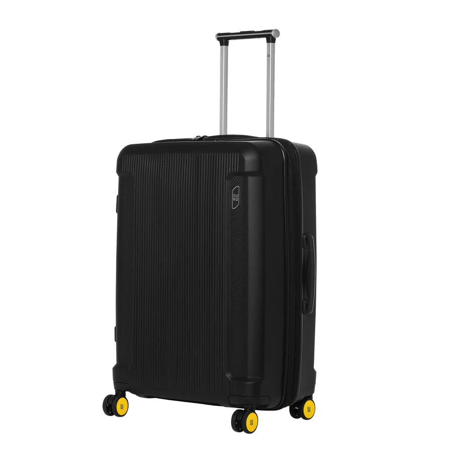 Classic black suitcase with yellow wheels, ideal for travelers.