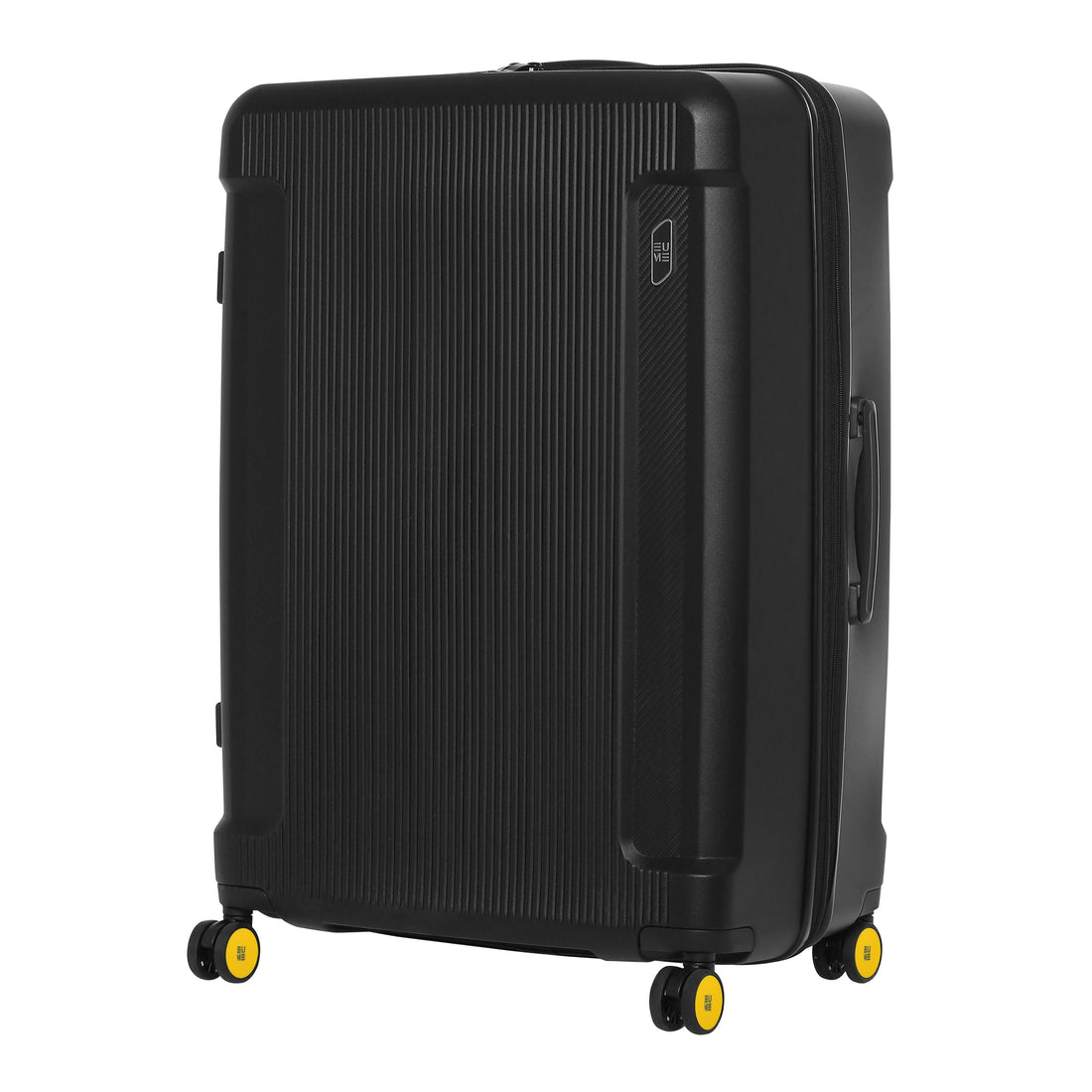 Black hard-shell suitcase with yellow wheels and retractable handle.