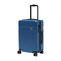 Blue hard-shell suitcase with wheels and telescopic handle for travel.