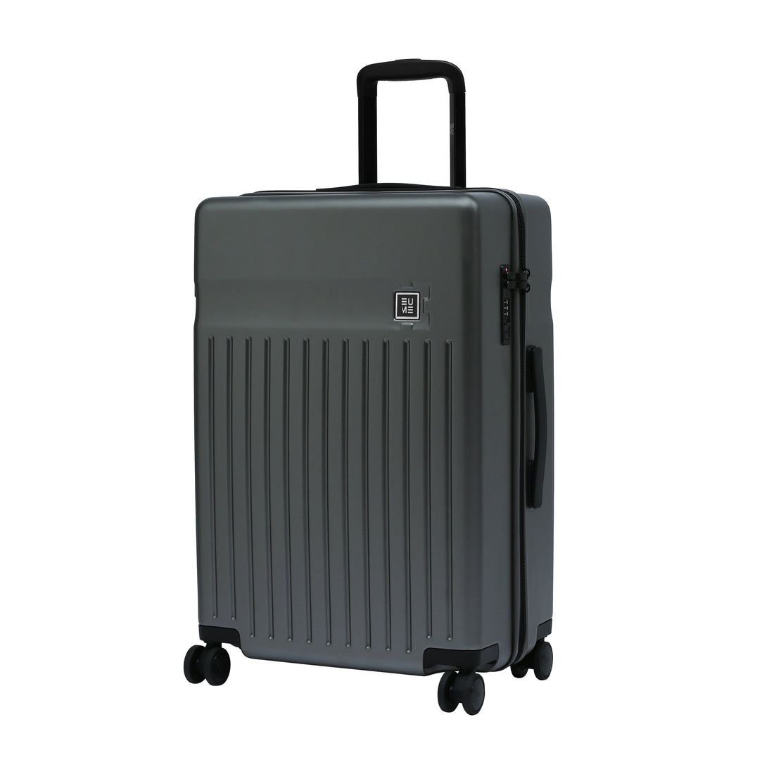 Gray hard-shell suitcase with telescopic handle and four double spinner wheels.