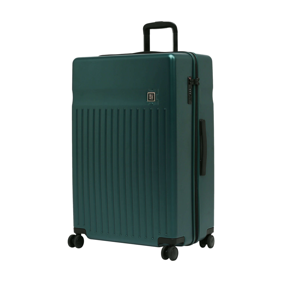 Green hard-shell suitcase with retractable handle and four wheels.