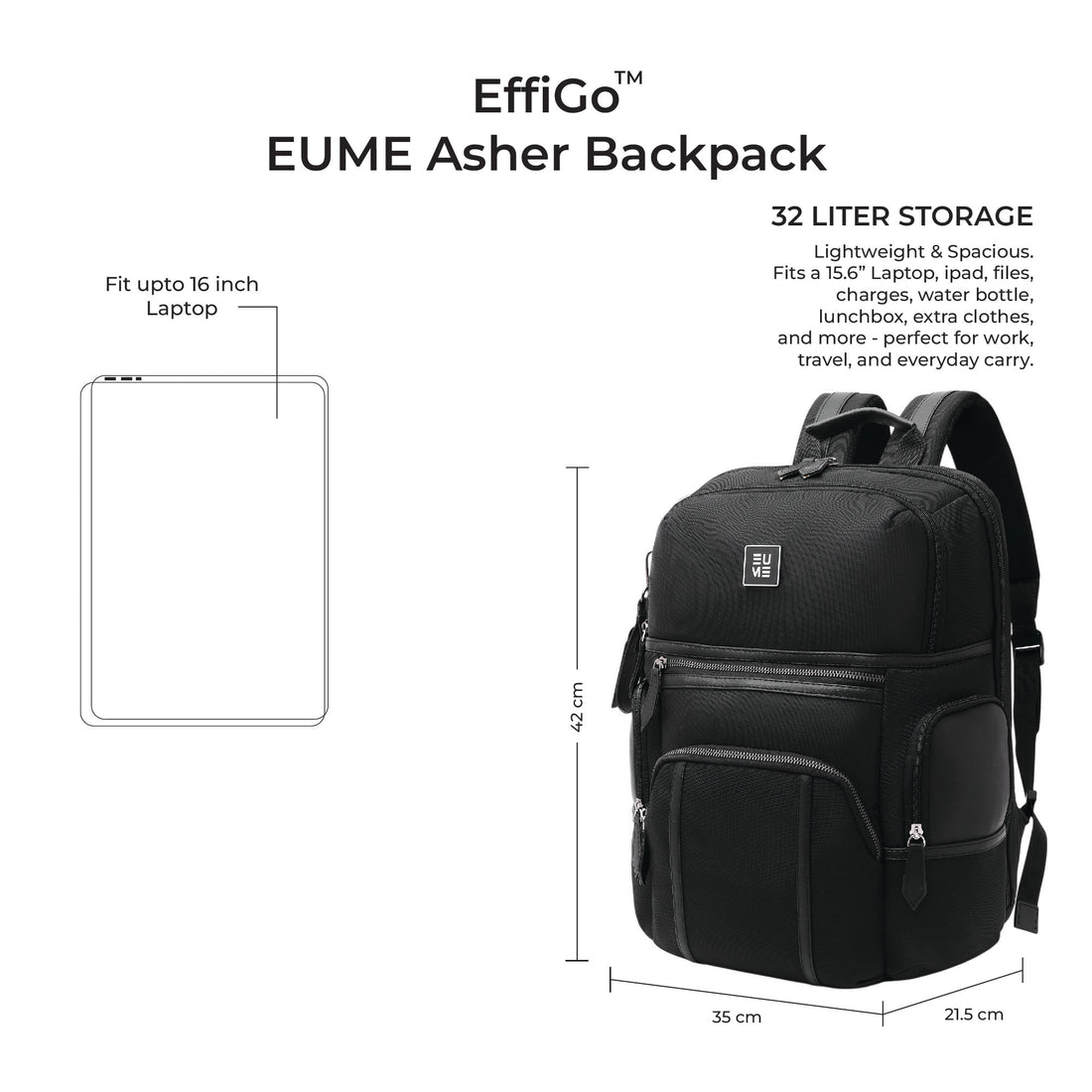 Asher 32L Laptop Backpack- Charcoal Black