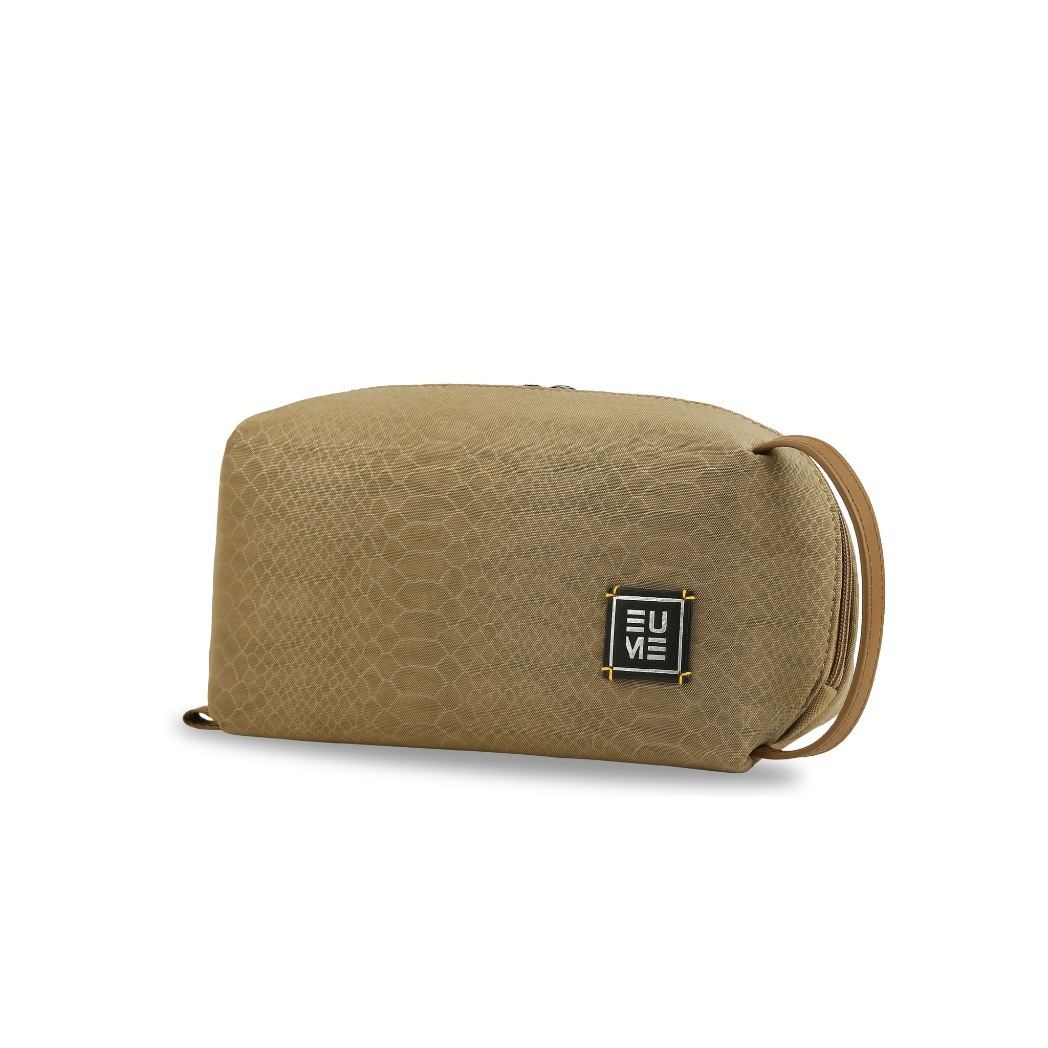 Beige textured toiletry bag with black EUME logo and handle.