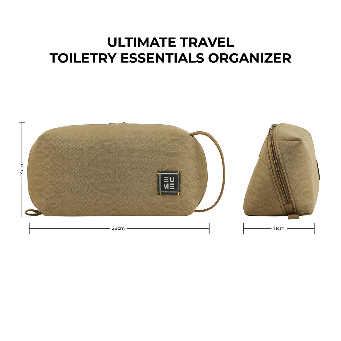 Beige textured toiletry bag with black EUME logo and handle.