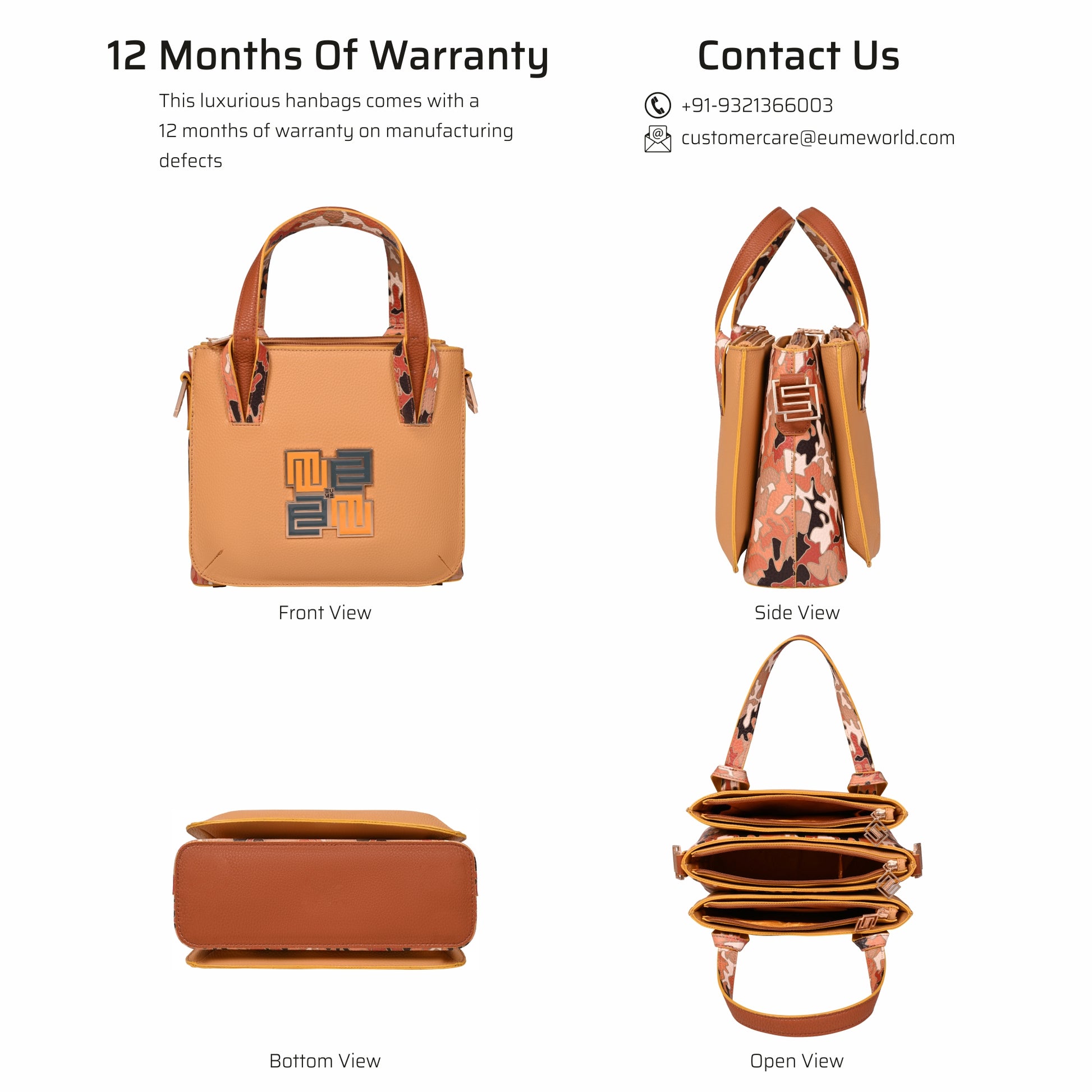 "Stylish Marshmallow Tote Bag with multiple views and warranty information."