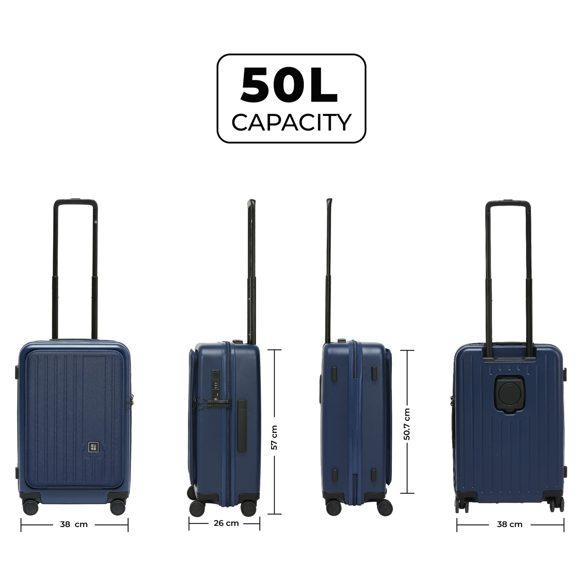 Cabin Pro 50L capacity suitcase in navy blue, dimensions included.