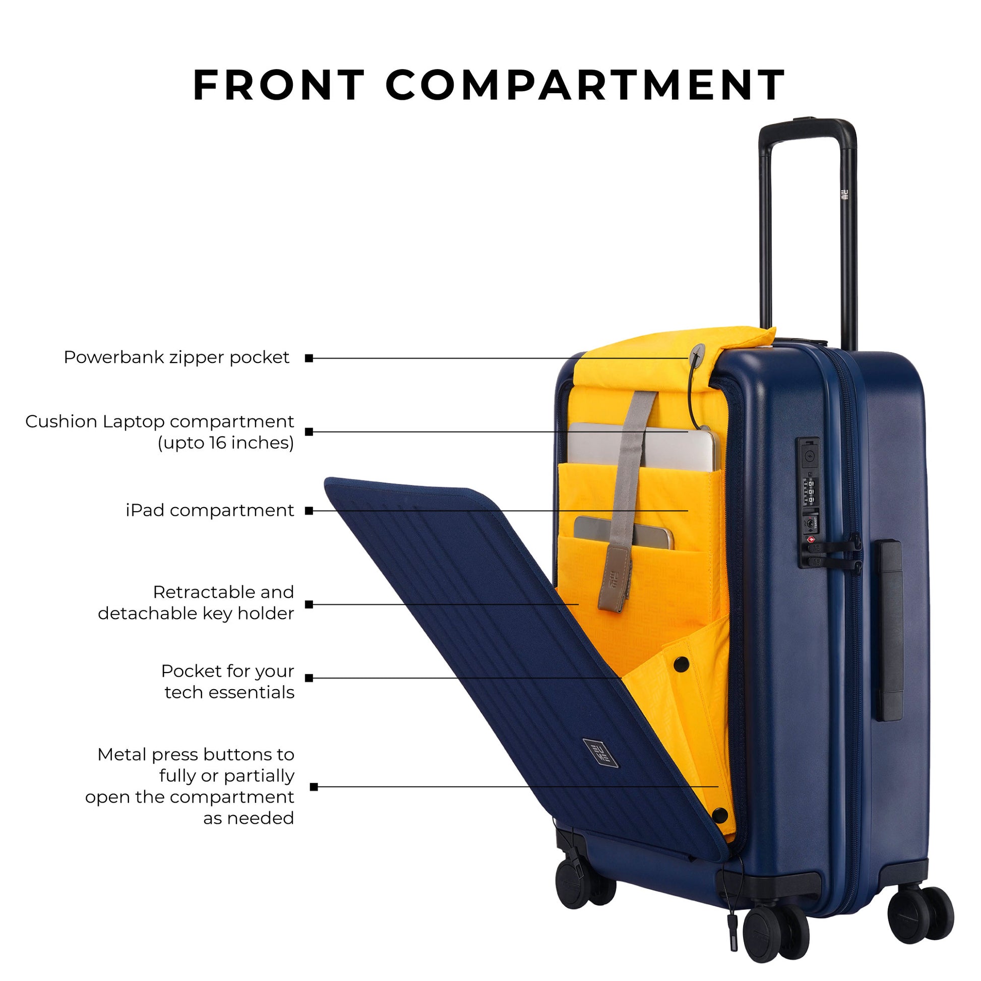 Front compartment features of the Cabin Pro luggage with tech storage.