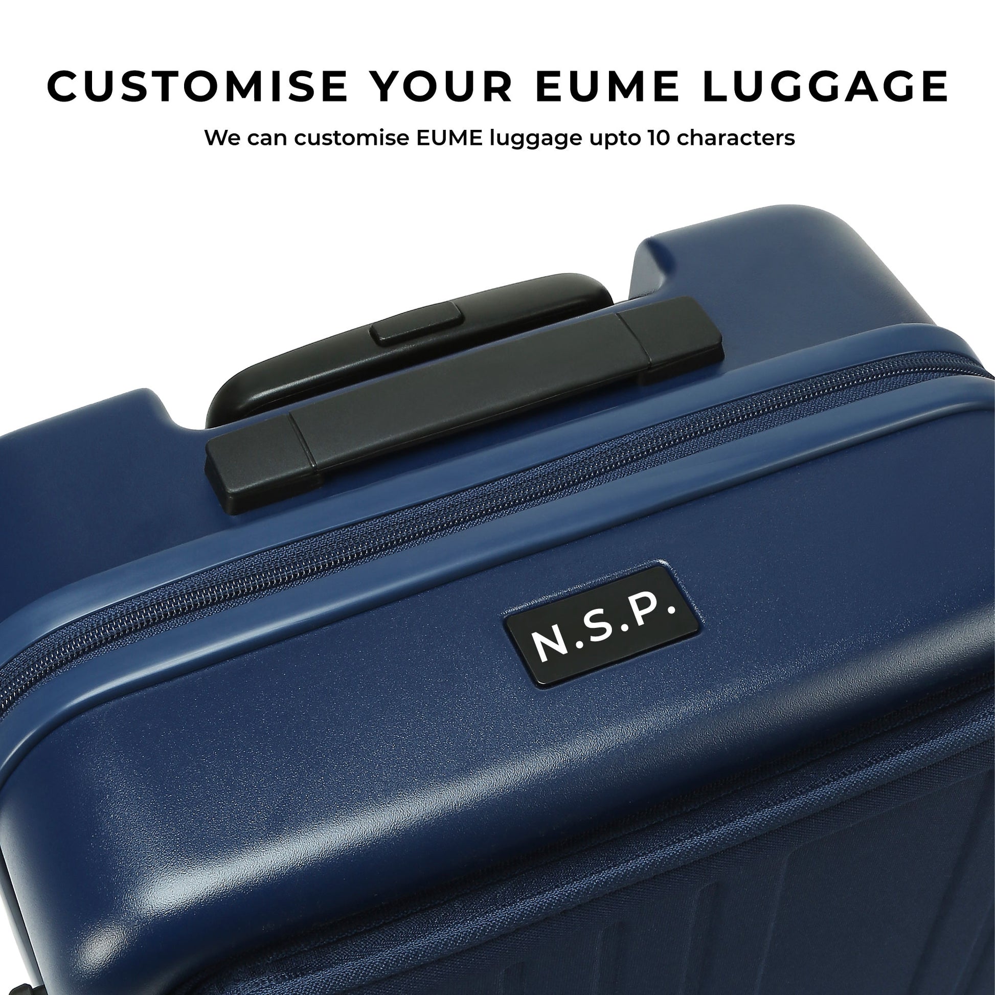 Customizable navy blue EUME luggage with personalized name tag.