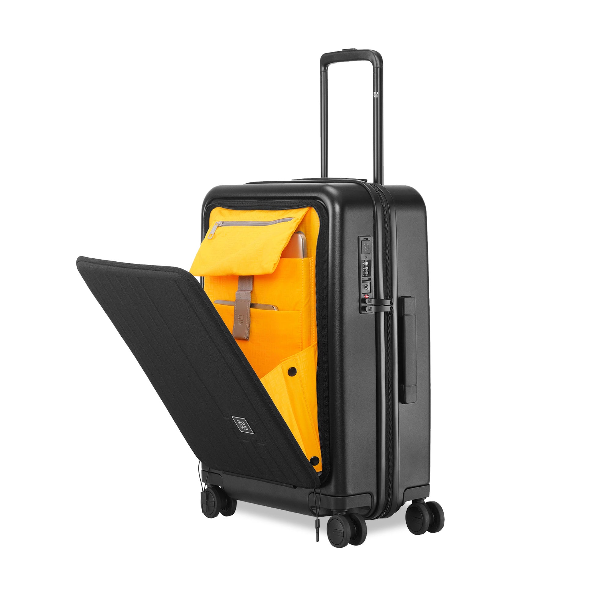 Black travel suitcase with a bright yellow interior and organizational compartments.