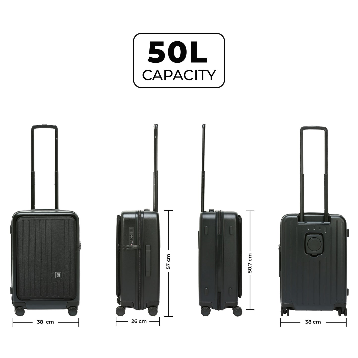 50L capacity black cabin suitcase with four wheels and retractable handle.